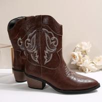 Retro Brown Embroidery Western Cowboy Boots Women Plus Size Thick Heels Ankle Boots Woman Pointed Toe Slip On Short Booties 36