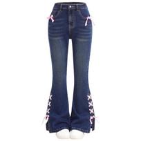 Women's Bowknot Jeans Loose Straight Wide-Leg Trousers L tamsiai mėlyna spalva