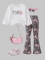 Girls 2-Piece Outfit, Letter Print Long Sleeve Top + Leopard Print Bow Flare Pants, Kids Spring Casual Set 4Y balta