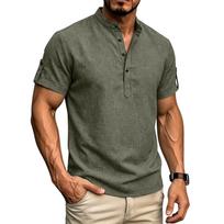 Men Casual Henley Shirt Short Sleeve Buttoned Collar Lightweight Breathable Fabric Summer Top for Everyday Wear L armijos žalia spalva