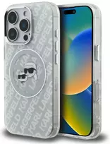 „Karl Lagerfeld IML“ blizgučiais ir „Karl & Choupette Heads“ logotipu aprūpintas „MagSafe“ dėklas, skirtas „iPhone 16 Pro Max“ – pilkas