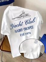 Retro jachtos eskizas su Saint-Tropez jachtų klubu, auksinis spaudas ant aukščiausios kokybės minkštos medvilnės vyriškų marškinėlių, puikus vasaros gatvės apranga 4XL