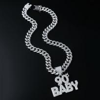 Iced Out  90'S BABY  Pendant Necklace Gold Plated Cuban Link Chain Hip Hop Bling 90s Nostalgia Streetwear 90s Baby Charm Jewelry Cuban chain&16inch(40cm) sidabras