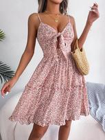 Women Floral Bow V Neck Sling High Waist A Line Midi Dress S rožinė