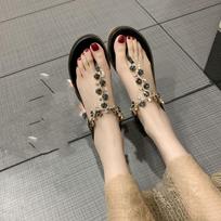 Women Thong Sandals T-Type Open Toe Rhinestone Flat Bottom Roman Sandals Shoes 40 juoda