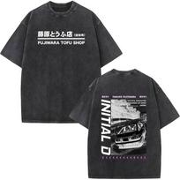Washed Vintage Short Sleeve T-shirt Anime Initial D Drift AE86 Racing Car T Shirt Takumi Fujiwara R34 Skyline GTR JDM T-shirts S