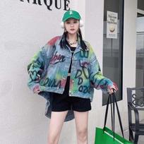 Thai trendy brand spring and autumn new street silhouette graffiti large size loose irregular printing denim jacket women One size fits all mėlyna