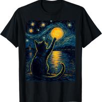 Black Cats Lover Starry Night Vincent van Gogh T-Shirt(1) S juoda