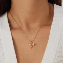Gold Beaded Chain Dragonfly Necklace with Pink Crystal Pendant for Women auksas