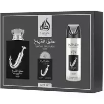 Lattafa Perfumes Ishq Al Shuyukh Silver Gift Set: 100 ml EDP, 200 ml Deodorant Spray, and 20 ml EDP