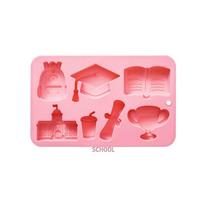 Silicone Mold for Cake Chocolate Graduation Themed Shapes Including Book Trophy Diploma Cap Backpack School Building Design rožinė