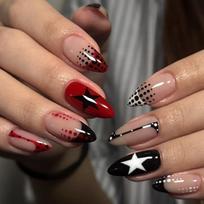 24PCS Shiny Pink French Press on Nails Black Leopard Print Star Almond Fake Nails for Spice Girls Y2k Simple Ins Nails Wearable