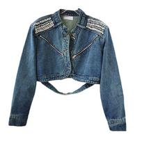 Thai trendy brand new spring and autumn retro fashion diamond-encrusted short denim jacket small cross-border women's clothing M mėlyna