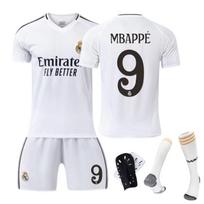 Real Madrid Mbappe Nr. 9 Namų marškinėlių komplektas 2024/25 m. sezonas Baltas Poliesteris Gerbėjų leidimas Suaugusiems Vaikams Kvėpuojantis Greitai džiūstantis 100-110 CM