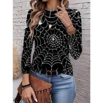 Vibrant Colors Eerie Style Spiderweb Pattern Design Black Series Round Neck Long Sleeve T-Shirt S