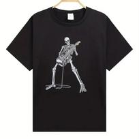 Happy Skeleton Guitar Guy Men's Short Sleeve Crew Neck Cotton T-Shirt Casual Men's Tee Outfits Summer HIP Hop Clothing M juoda