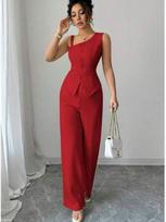 One-Shoulder Camisole Vest & Straight-Leg Pants Set for Women Large raudona