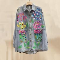 Thai trendy brand Spring New Hand-Painted Doodle Beaded Denim Shirt Jacket Mid-length Loose Top for Women One size fits all mėlyna