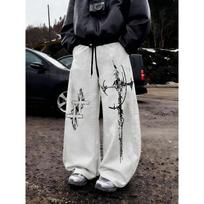 Trendy Men's Cool Printed Drawstring Loose Casual Sports Pants Spring and Autumn Men's Outdoor Home Casual Pants S pilka