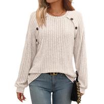 European American New Style Women's Crew Neck Button Temperament Ribbed Casual Hoodie Spring Autumn Base Layer Top S abrikosas