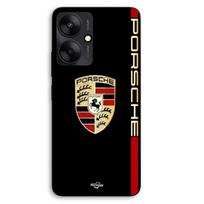 Išmaniojo telefono dėklas - MANIACASE - Xiaomi Redmi 13C 5G - Silikonas TPU - PORSCHE raudonas ir auksinis logotipas - Juodas juoda