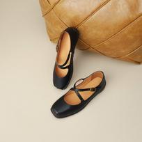 Sheepskin version~ Sports and leisure cross-strap square head ballet shoes Mary Jane shoes women's shallow leather flat-soled shoes 35