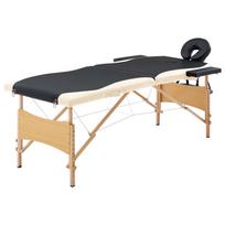 Folding 2 Zone Massage Table with Wooden Frame Black and Beige