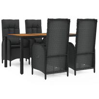 5 Piece Garden Dining Set with Cushions Black PE Rattan
