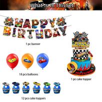 32 vnt. Hot Wheels teminiai vakarėlio reikmenys, reklaminė juosta, torto viršus, balionas