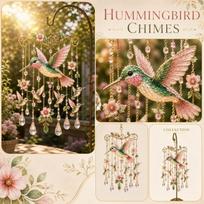 Hummingbird Wind Chime with Floral Accents and Crystal Drops for Outdoor Garden Patio Yard Home Decoration Hanging Ornament One Size