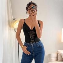 Seksualus nėriniuotas permatomas korsetas apatinis trikotažas moteriškas kombinezonas Bustier viršus vientisas V formos iškirptė su spaudėmis tarp kojų kombinezonas su petnešėlėmis vientisas viršus S