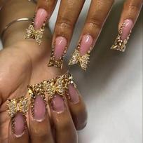 French Edge Duckbill Shape Press-On Nails With Gold Rhinestone Butterfly Design Women Gel Adhesive Type