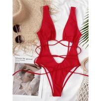 Sexy Red Swimsuit Micro String Bikini Hollow Out Backless Monokini Women One-Piece Vacation Swimwears Bikinis Beach Bathing Suit S