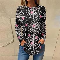 Women's Horror Halloween Round Neck Long Sleeve Party Autumn Casual Pullover 3d Colorful Spider Web Print Tops S