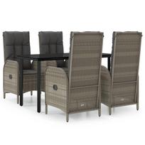 5 Piece Garden Dining Set with Cushions Black and Gray Poly Rattan