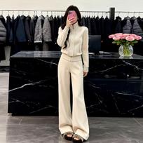 Korean Style Two-Piece Outfit: Zipper Sweatshirt & Wide-Leg Pants Set #927 S