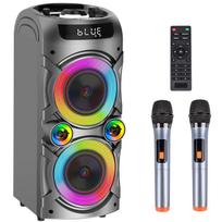 Karaokės aparatas su 2 belaidžiais mikrofonais, didelis Bluetooth garsiakalbis su LED apšvietimu, nuotolinio valdymo pultas, palaikantis žemųjų/aukštųjų dažnių reguliavimą juoda
