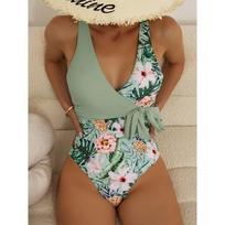 One-Piece Cross Strap Swimsuit Sexy Slimming Printed Beach Vacation Bikini S žalia