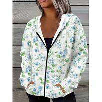 Fresh Botanical Floral Butterfly Print Zip Hoodie for Women – Lightweight Drawstring Hooded Jacket S
