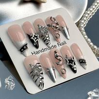 24pcs Removable Press-On Nails With 3D Rhinestone Punk Metal Design Women Long Shape Wearable Nail Art Gray FY-01-384 Jelly Gel, Strip Design