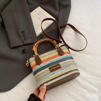 Woven straw bucket bag women's new fashion messenger bag portable small bag black
