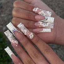 Reusable Press-On Nails With Floral French Tip Design Snake Skin Crocodile Texture Women Gel Adhesive Style