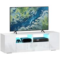 Meuble tv led - HOMCOM - support télé 140 cm 3 placards jusquà 60 pouces lumière réglable brillant - bois - 140 cm - blanc