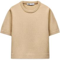 Zara Vienspalvis Paprasto Mezgimo Apvalios Kaklo Trumpomis Rankovėmis Marškinėliai Moteriški Viršutiniai Drabužiai Smėlio spalvos 5536132-450 S beige