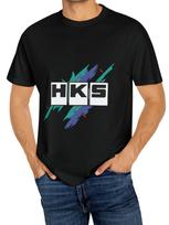 HKS Grafinis medvilninis marškinėlis unisex - Laisvalaikio marškinėlis su apvalia apykakle ir elastanu, juodas su spalvotu raidžių spaudiniu S