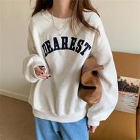 FiveFive Vintage Women Sweatshirt Ultra Simple Letter Embroidery Crew Neck Loose Casual Sweatshirt XXL pilka spalva