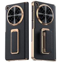 Prabangus natūralios odos dvigubo vyrio riešo dirželis su stoveliu, galinis dėklas, apsaugantis kameros objektyvą, su dengimu, skirtas Oppo Find N6 5G For Oppo Find N6 5G 8.12"&Opp Bag juoda