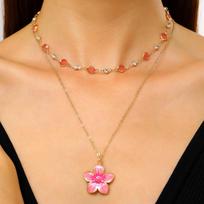 2Pcs/Set Double Layer Layered Necklace Pink Crystal Crystal Chain Necklace  Women Girl 01