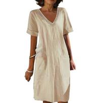 Women Summer Dress V Neck Short Sleeves Knee-Length Dress Casual Daily Wear Midi Dress 2XL abrikosas