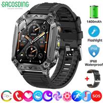 SACOSDING Military Smart Watches for Men Women, 1400mAh Battery/LED Flashlight/Waterproof Smartwatch, Bluetooth call, Fitness Tracker for iOS Android